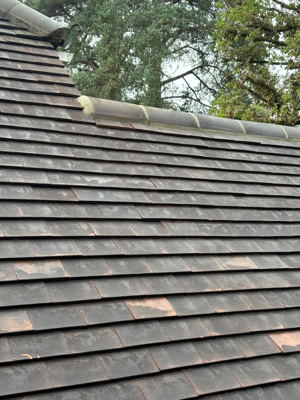 Close-up of new plain tiles and ridge on a tiled re-roof